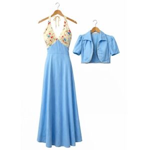 True Vintage 70s Halter Maxi Dress & Jacket Set Blue Floral formal Size 13 MCM